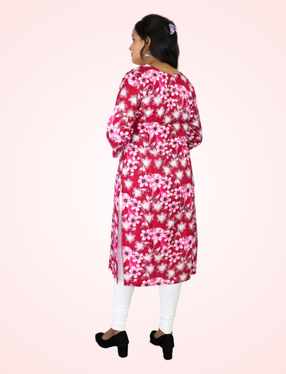 Floral Print Cotton Kurti with V-Neck, 3/4 Sleeves, Pink and White