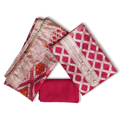 Unstitched partywear suits for women with golden print texture Rani Pink