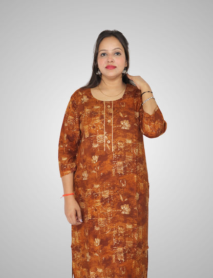 Women's Brown Floral Print Cotton Kurti, 3/4 Sleeve, Button Front, Casual Wear