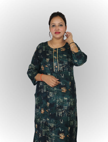 Floral Print Cotton Kurti, Dark Green, 3/4 Sleeve, Button Front, Casual Wear