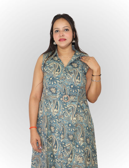 Vedickulture Sleeveless Long A-line Kurta with Paisley Print, Blue and Cream, V-Neck Collar with Belt