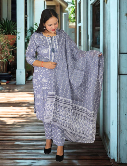 Women's Floral Print Cotton Salwar Suit Set, Grey and White,  with Dupatta