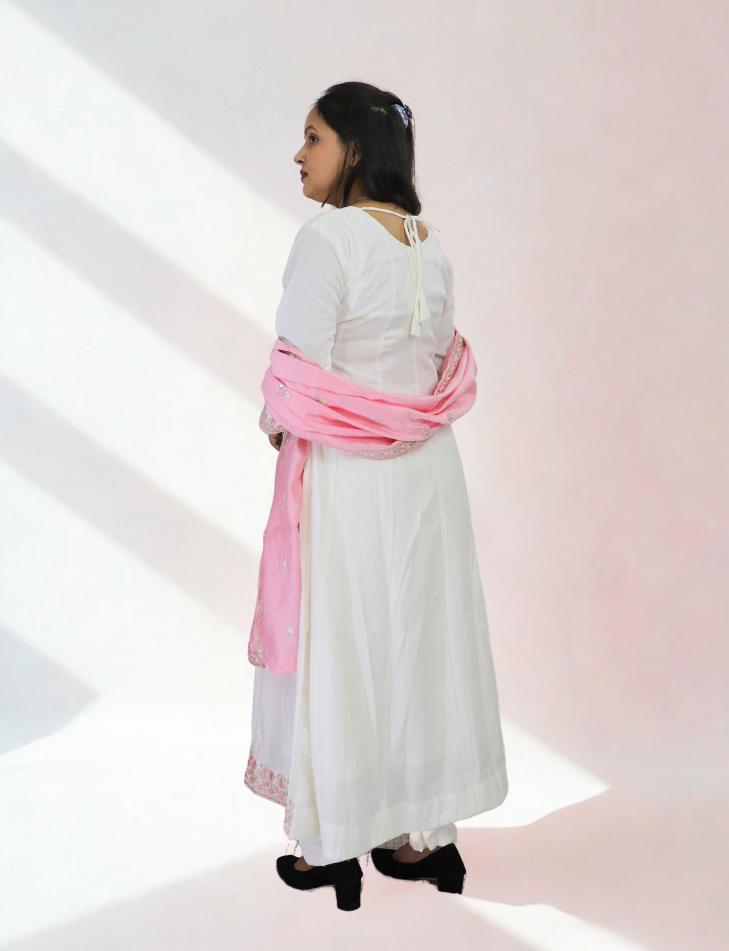 Women's White Cotton Anarkali Suit with Pink Embroidered Details, Matching Dupatta, Long Sleeves