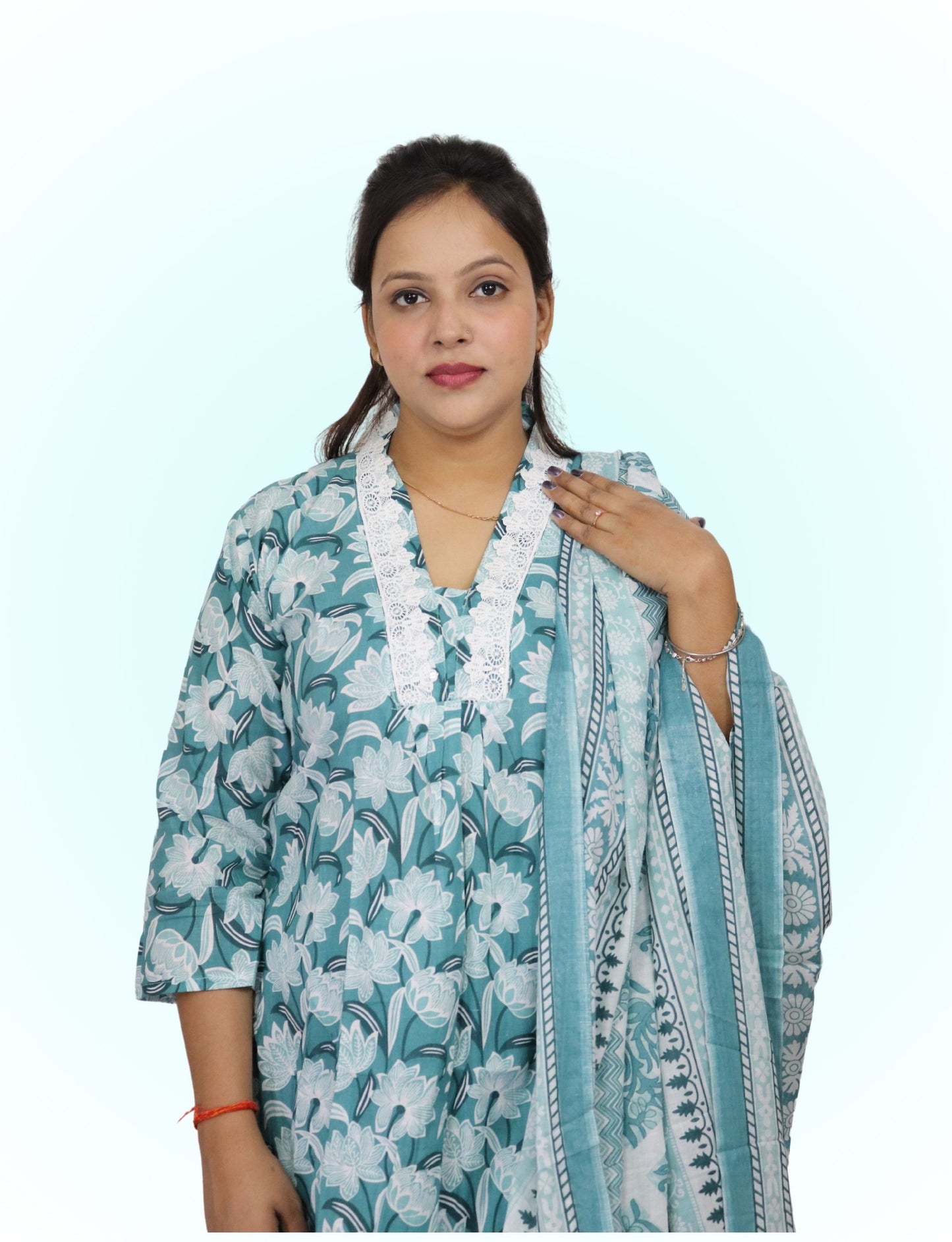 Floral Print Cotton Salwar Suit Set, Turquoise Blue and White, Ethnic Indian Wear with Dupatta