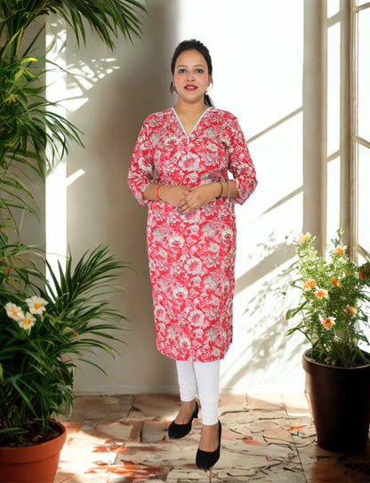 Floral Print Cotton Kurti with Pearl V-Neck, 3/4 Sleeves, Red and Grey, Casual Wear