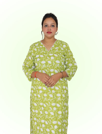Vedickulture Floral Print Cotton Kurti, V-Neck, Long Sleeve, Lime Green and White, Casual Wear