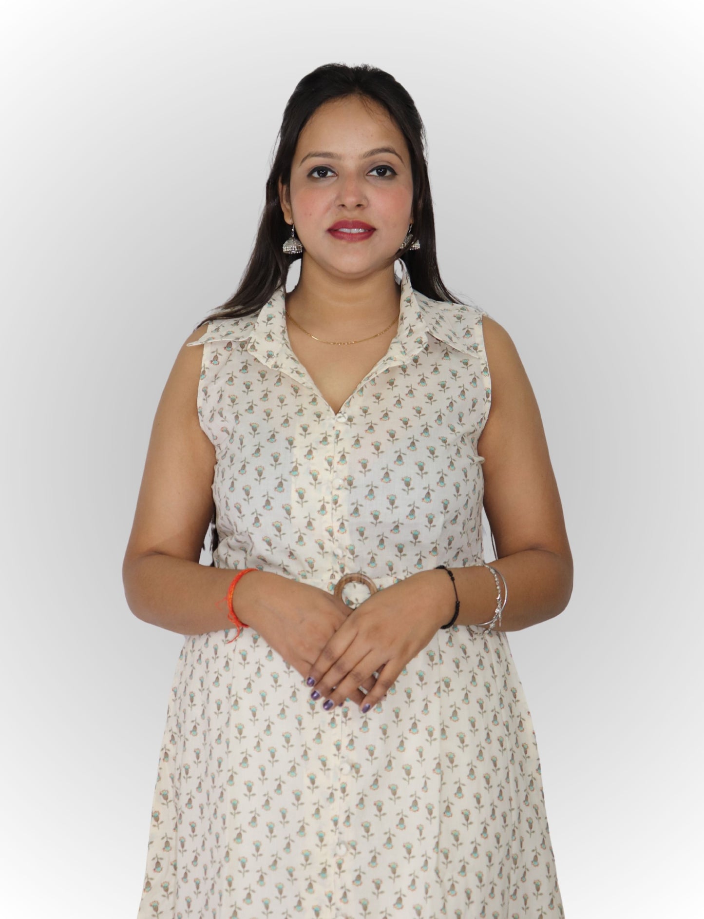 Vedickulture Floral Print Sleeveless Long A-line Kurties, Cotton, Off-White, Collared Neck with Belt