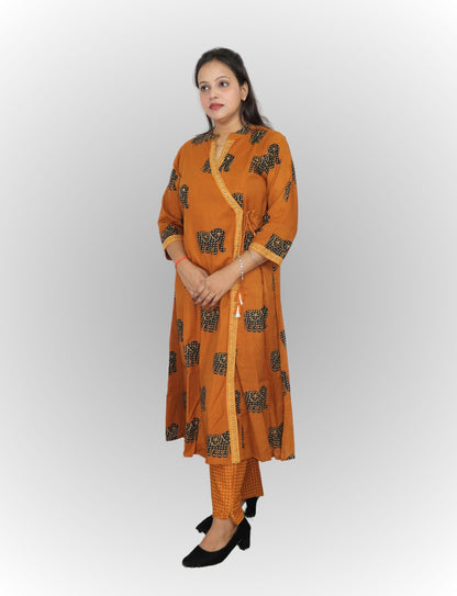Traditional Elephant Print Angrakha Kurta Set with Pants, Cotton, 3/4 Sleeve