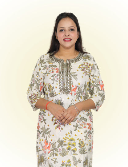 Women's Floral Print Cotton Salwar Suit Set with Embellished Neckline, 3/4 Sleeves, Chevron Dupatta, White and Multicolor