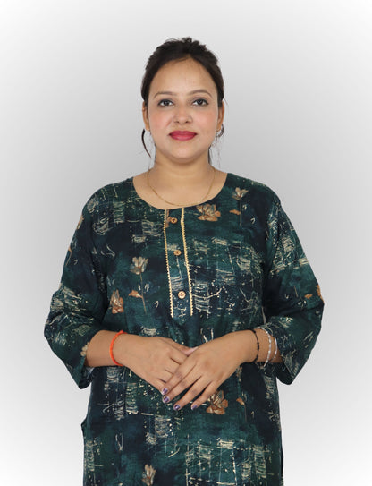 Floral Print Cotton Kurti, Dark Green, 3/4 Sleeve, Button Front, Casual Wear