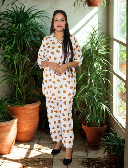 Women's Heart Print Cotton Co-ord Set, White with Brown Hearts, 3/4 Sleeve Top and Pants