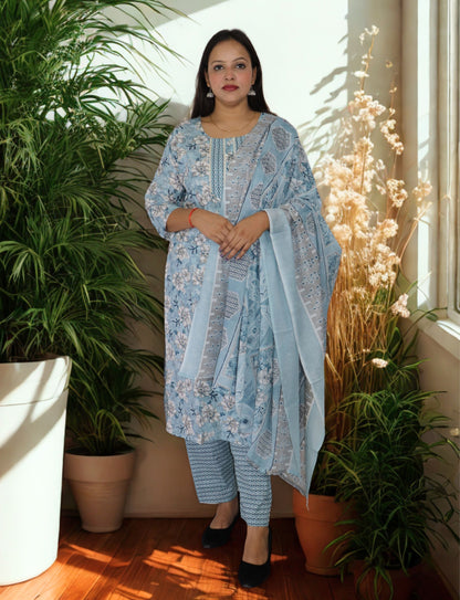 Floral Cotton Salwar Suit Set, Blue with Flowers,  Matching Pants, Dupatta