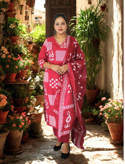 Traditional Salwar Suit Set with Dupatta, Red and White Printed, 3/4 Sleeve