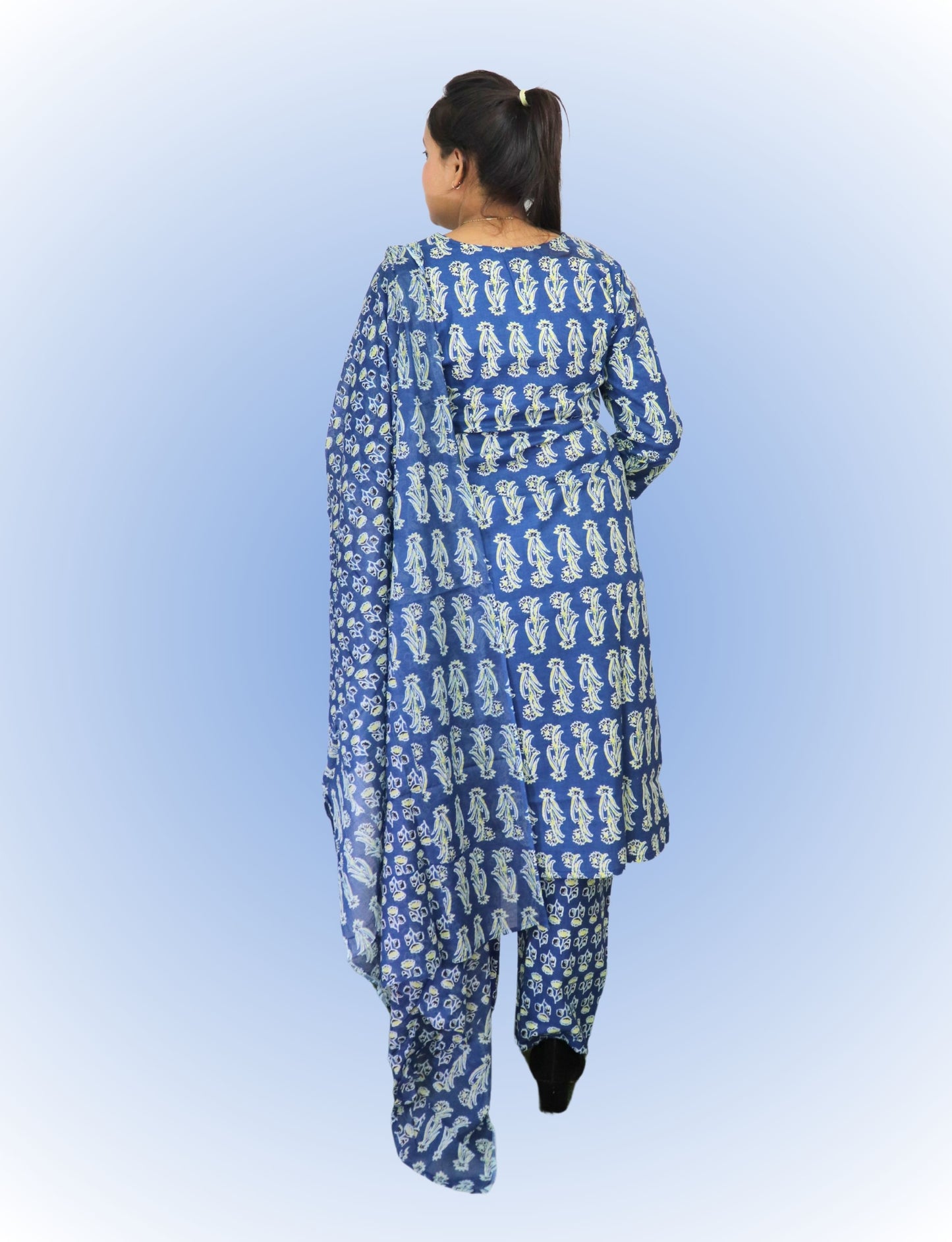 Vedickulture Traditional Cotton Salwar Kameez Set, Blue Block Print, V-Neck, Full Sleeves