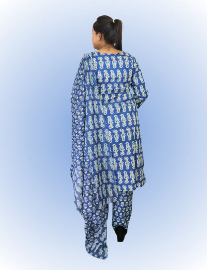 Vedickulture Traditional Cotton Salwar Kameez Set, Blue Block Print, V-Neck, Full Sleeves
