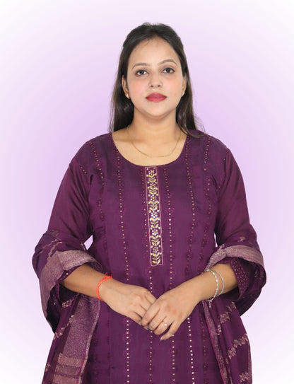 Traditional Purple Cotton Salwar Suit Set with Embroidered Kurta, Salwar and Dupatta