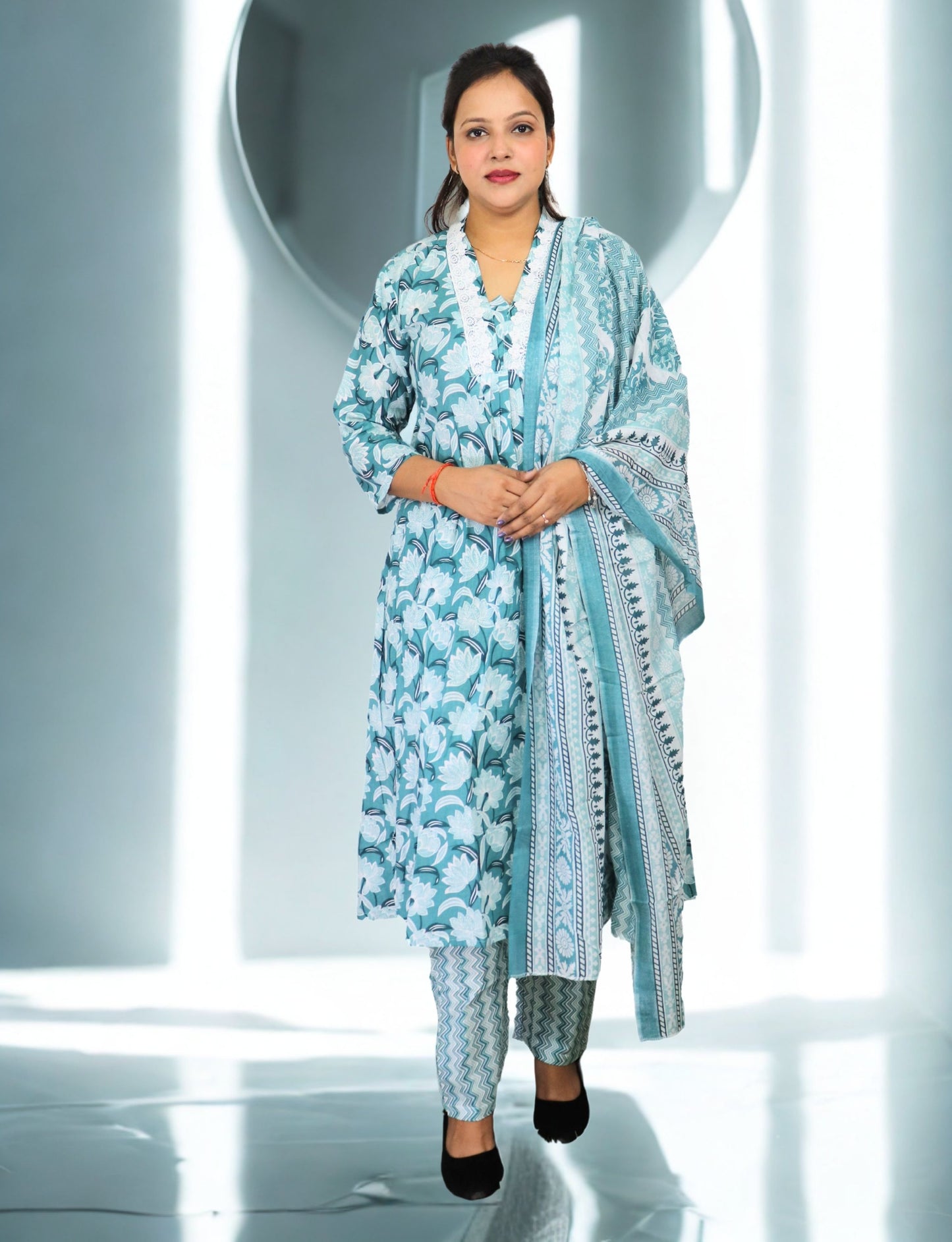 Floral Print Cotton Salwar Suit Set, Turquoise Blue and White, Ethnic Indian Wear with Dupatta