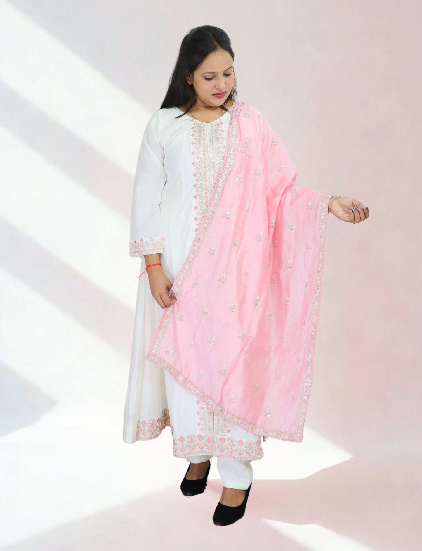 Women's White Cotton Anarkali Suit with Pink Embroidered Details, Matching Dupatta, Long Sleeves