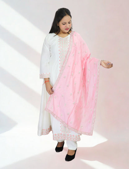Women's White Cotton Anarkali Suit with Pink Embroidered Details, Matching Dupatta, Long Sleeves