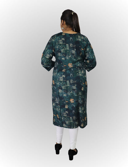 Floral Print Cotton Kurti, Dark Green, 3/4 Sleeve, Button Front, Casual Wear