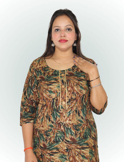 Women's Printed Cotton Kurti, 3/4 Sleeve, Brown and Green Leaf Pattern, Casual Wear
