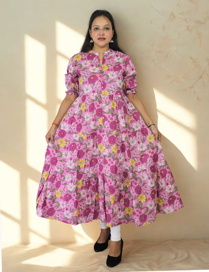 Floral Anarkali Kurti with Puff Sleeves, Pink Floral Print, Mandarin Collar, Tiered Design