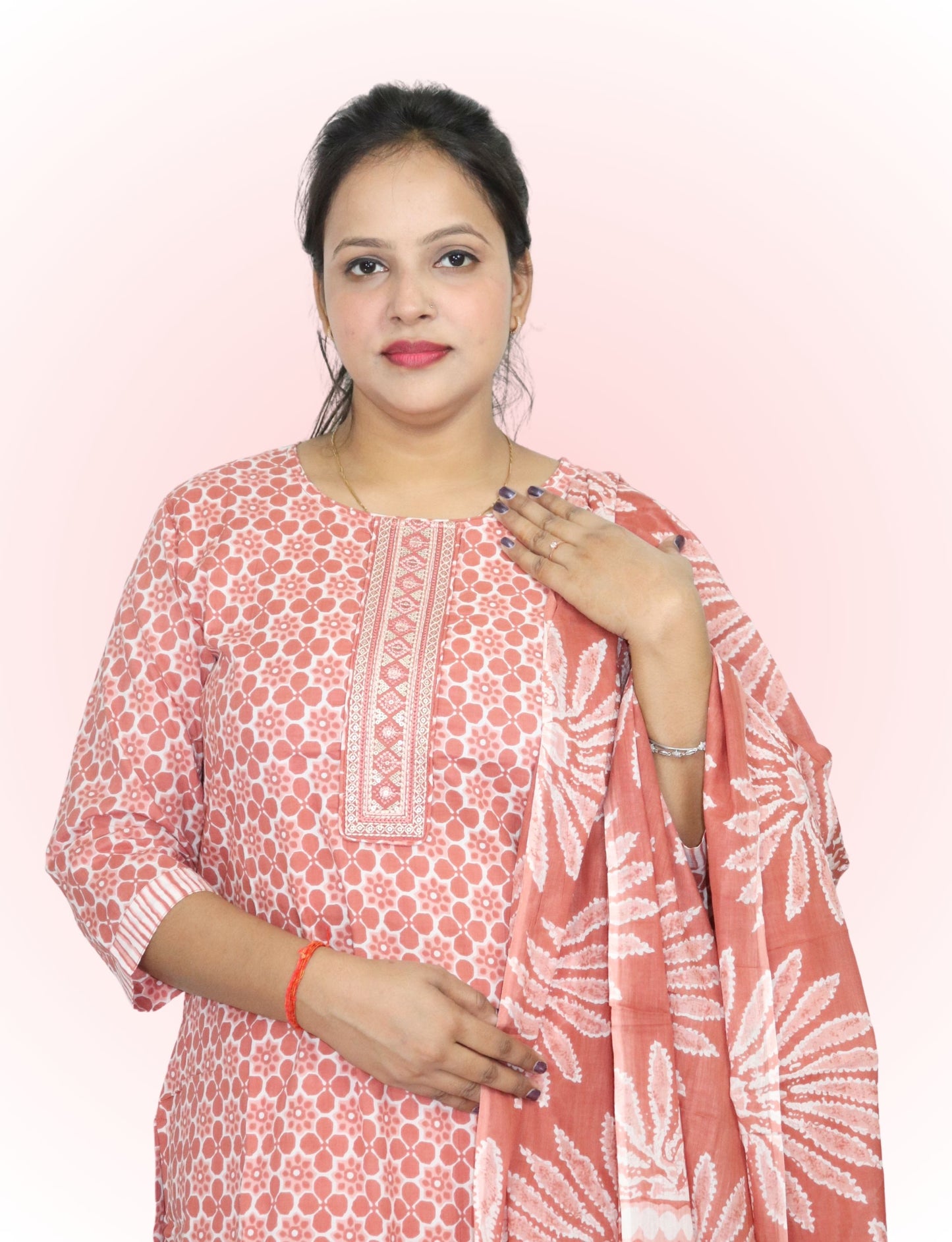 Cotton Printed Salwar Suit Set, Coral Pink Floral Pattern, 3/4 Sleeve Kurta with Salwar and Dupatta