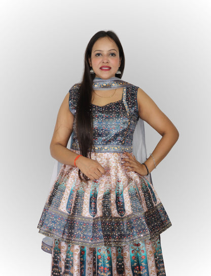 Lehenga Choli Set with Floral Print, Blue and White Embroidered, Net Dupatta