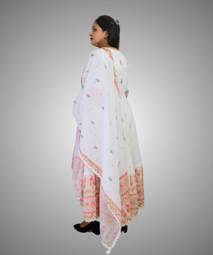 Vedickulture White Cotton Anarkali Suit with Floral Embroidery for Women, Evening wear, 3/4 Sleeves, Dupatta and Pants Set