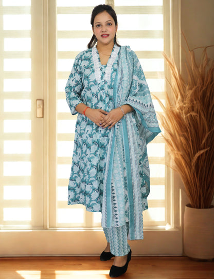 Floral Print Cotton Salwar Suit Set, Turquoise Blue and White, Ethnic Indian Wear with Dupatta