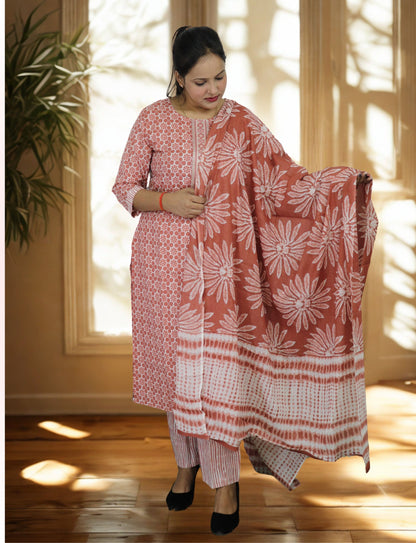 Cotton Printed Salwar Suit Set, Coral Pink Floral Pattern, 3/4 Sleeve Kurta with Salwar and Dupatta
