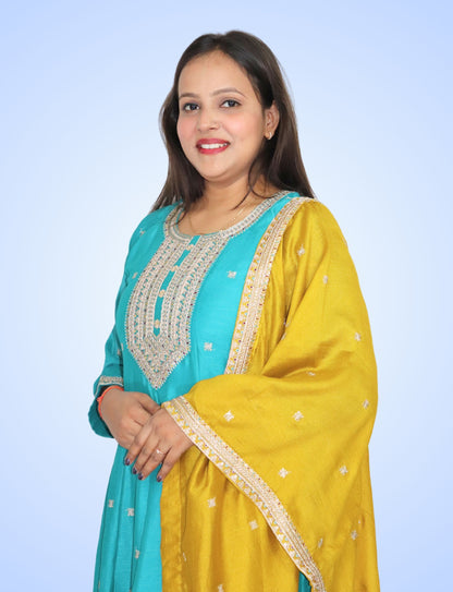 Traditional Turquoise Embroidered Anarkali Suit Set with Yellow Dupatta, 3-Piece Ethnic Wear
