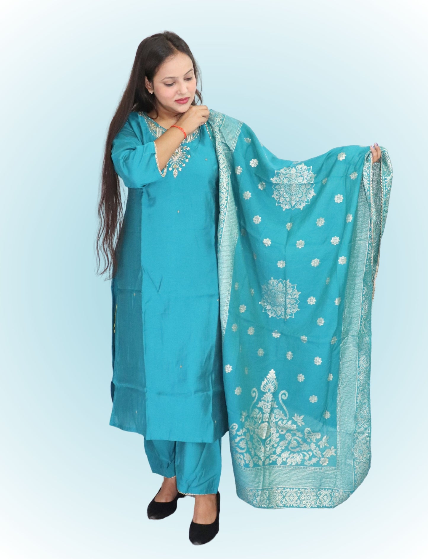 Traditional Turquoise Cotton blend with silk Salwar Suit with Embroidered Dupatta, Full Length