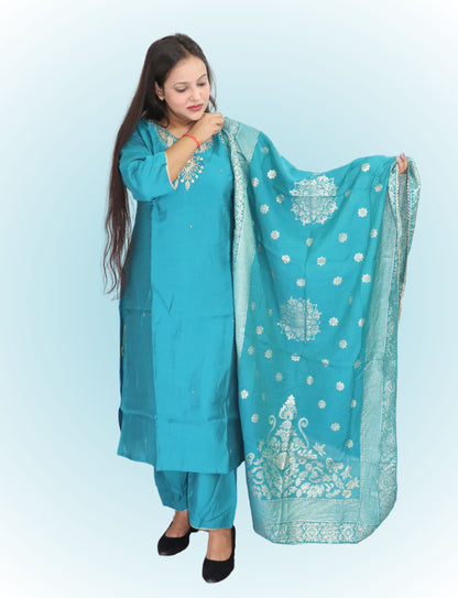 Traditional Turquoise Cotton blend with silk Salwar Suit with Embroidered Dupatta, Full Length