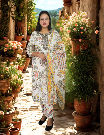 Women's Floral Print Cotton Salwar Suit Set with Embellished Neckline, 3/4 Sleeves, Chevron Dupatta, White and Multicolor