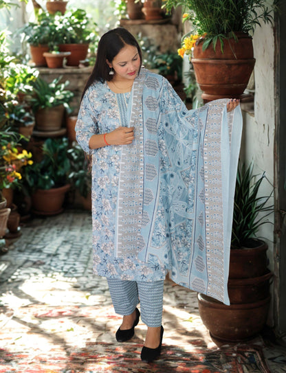 Floral Cotton Salwar Suit Set, Blue with Flowers,  Matching Pants, Dupatta