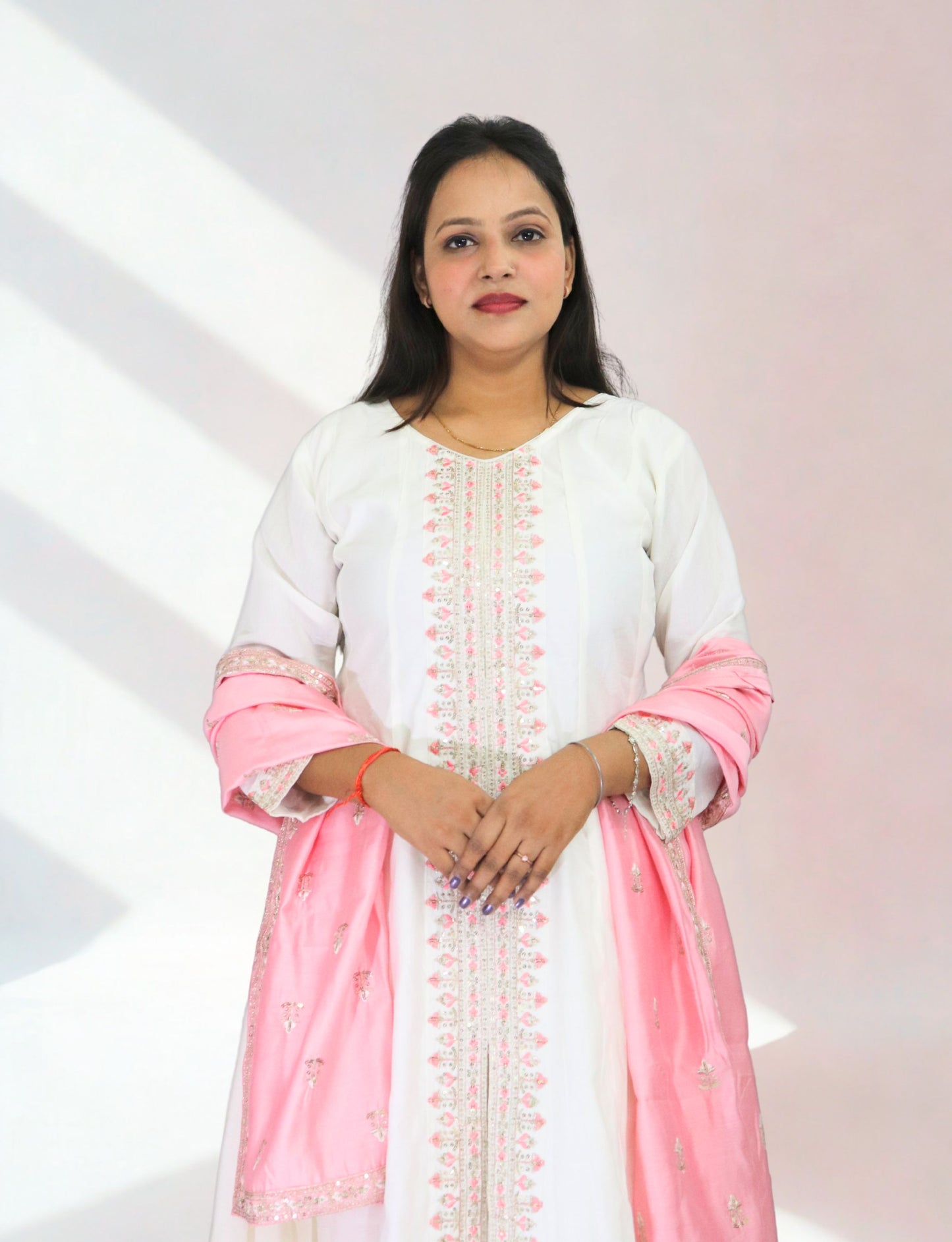 Women's White Cotton Anarkali Suit with Pink Embroidered Details, Matching Dupatta, Long Sleeves