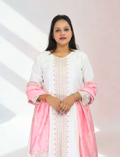 Women's White Cotton Anarkali Suit with Pink Embroidered Details, Matching Dupatta, Long Sleeves
