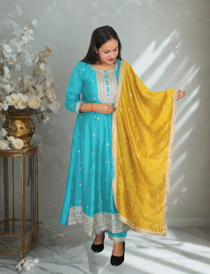 Traditional Turquoise Embroidered Anarkali Suit Set with Yellow Dupatta, 3-Piece Ethnic Wear