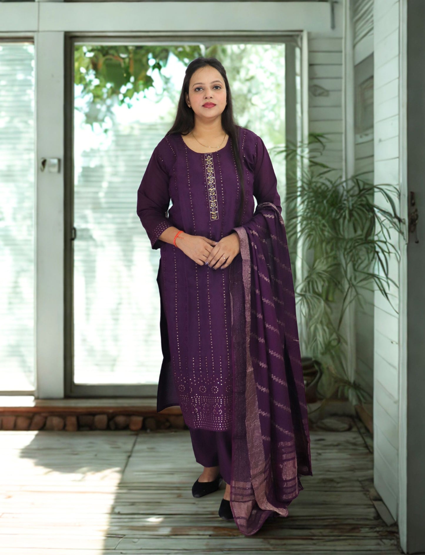 Traditional Purple Cotton Salwar Suit Set with Embroidered Kurta, Salwar and Dupatta