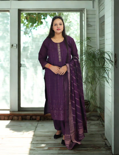 Traditional Purple Cotton Salwar Suit Set with Embroidered Kurta, Salwar and Dupatta