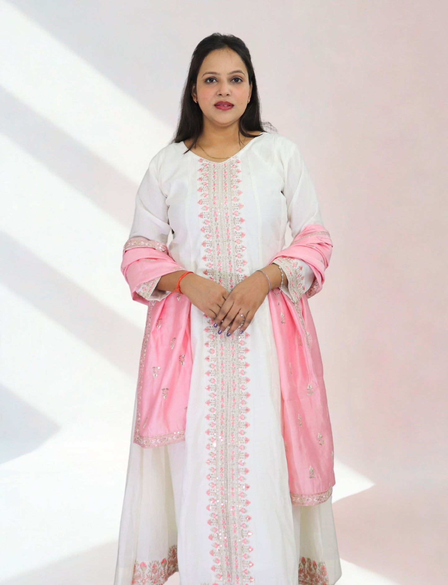 Women's White Cotton Anarkali Suit with Pink Embroidered Details, Matching Dupatta, Long Sleeves