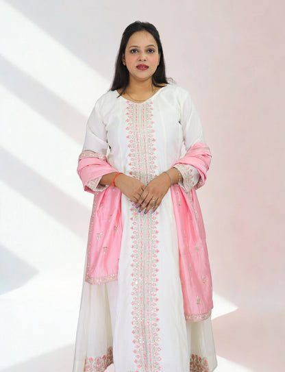 Women's White Cotton Anarkali Suit with Pink Embroidered Details, Matching Dupatta, Long Sleeves